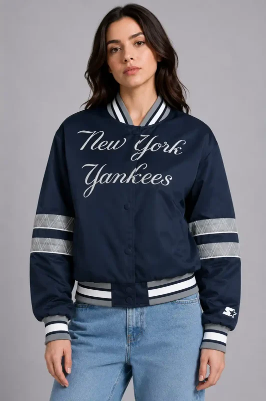 NY Yankees Interception Navy Satin Varsity Jacket