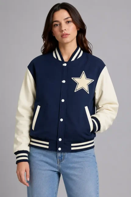 Navy and Cream Star Wool Varsity Jacket