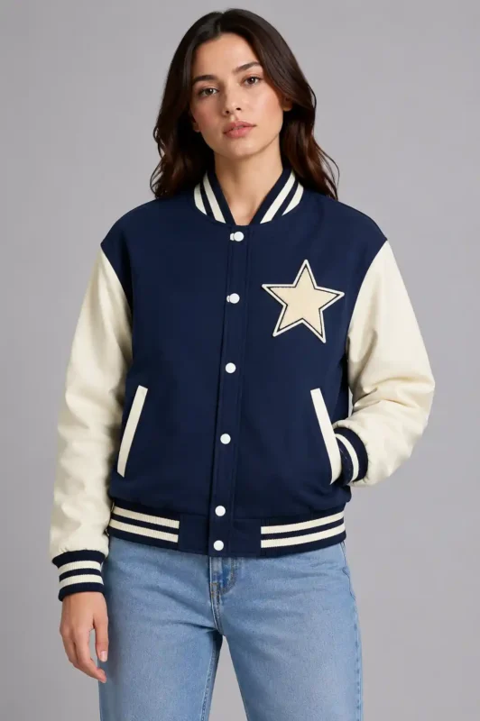 Navy and Cream Star Wool Varsity Jacket