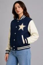 Navy and Cream Star Wool Varsity Jacket For Women
