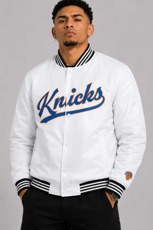 New York Knicks White Nylon Varsity Jacket