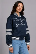 New York Yankees Interception Full-Snap Navy Varsity Satin Jacket On Sale