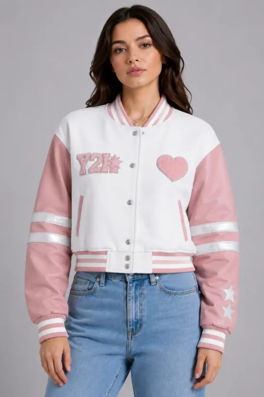 Pink and White Y2K Wool Varsity Jacket