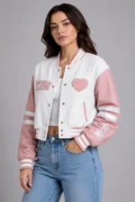 Pink and White Y2K Wool Varsity Jacket For Sale
