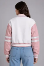 Pink and White Y2K Wool and Leather Varsity Jacket For Women