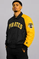 Pittsburgh Pirates Vintage Full-Snap Black and Gold Satin Varsity Jacket For Sale