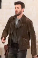 Shop Chris Evans Ghosted Brown Suede Leather Biker Jacket