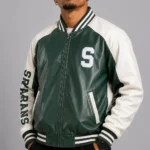 University of Michigan State Spartans Varsity Green and White Leather Jacket