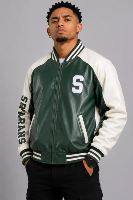 University of Michigan State Spartans Varsity Green and White Leather Jacket
