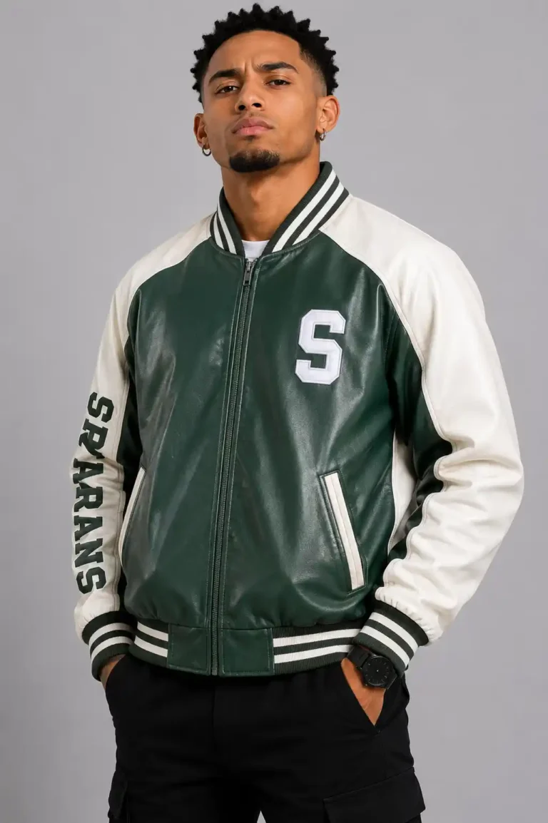 University of Michigan State Spartans Varsity Green and White Leather Jacket