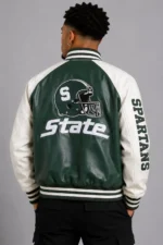 University of Michigan State Spartans Varsity Green and White Leather Jacket For Sale