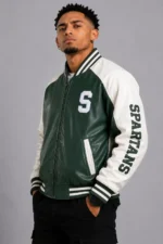 University of Michigan State Spartans Varsity Green and White Leather Jacket For Unisex