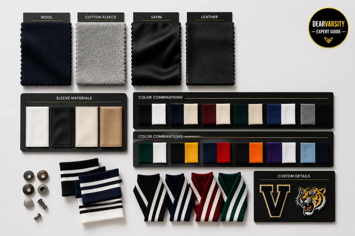 Varsity jacket fabric swatches and color combinations showing customization options
