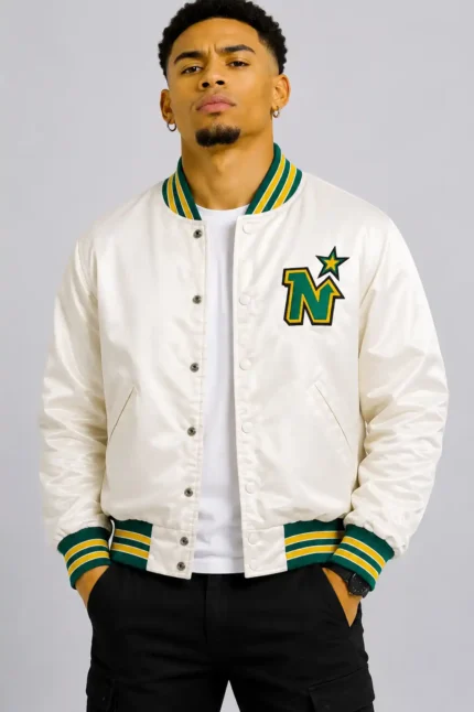White Minnesota North Stars Satin Varsity Jacket