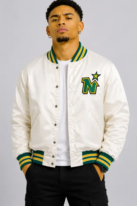 White Minnesota North Stars Satin Varsity Jacket