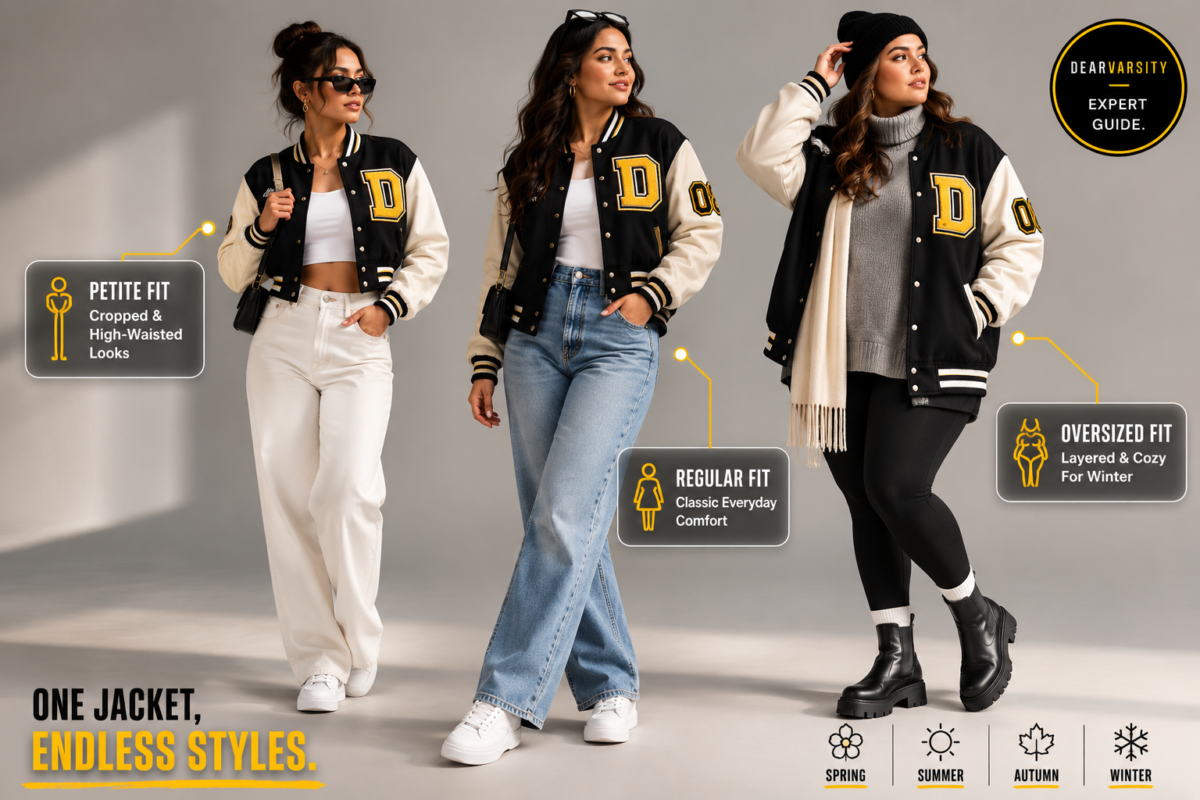 Women of different body types styling varsity jackets for different seasons