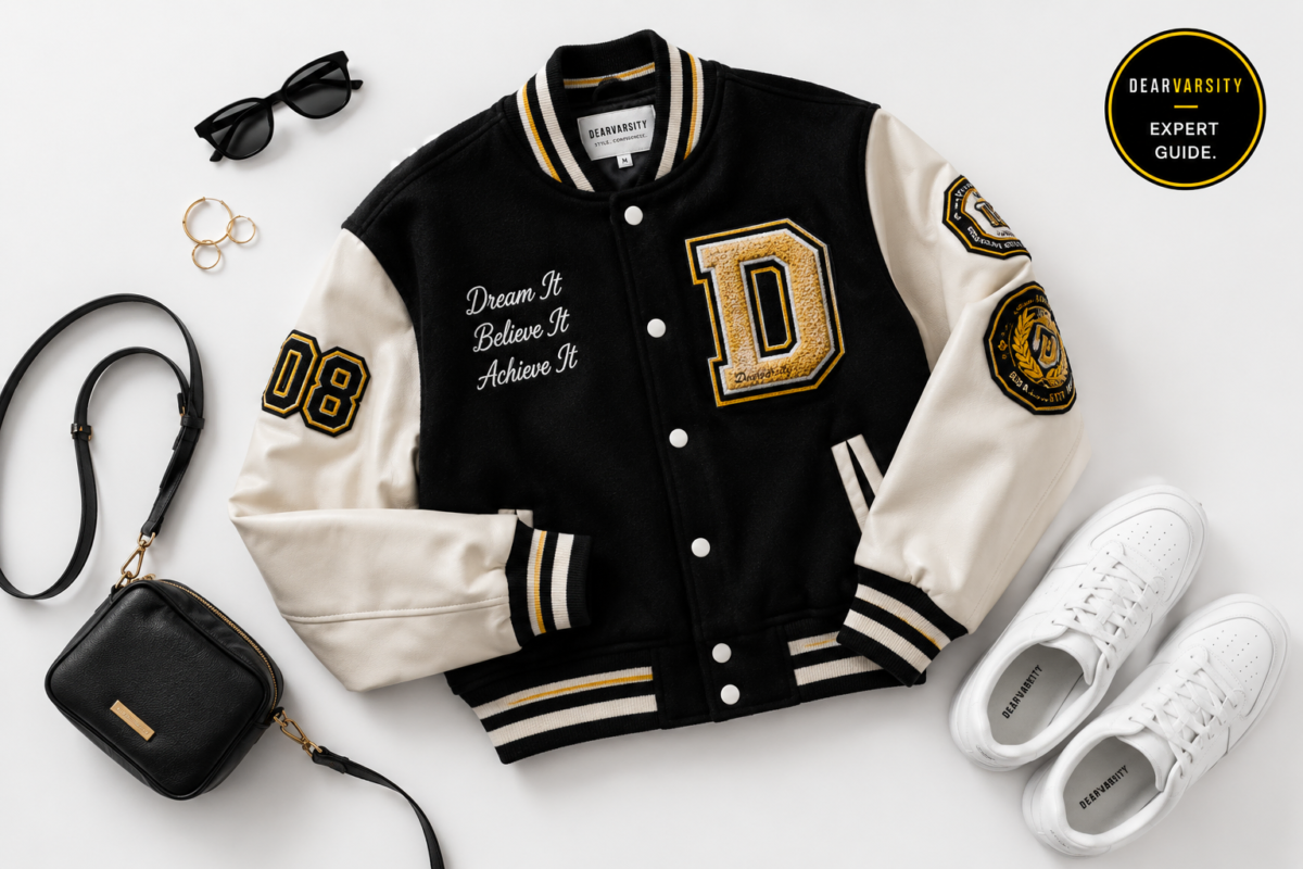 women's varsity jacket with white sneakers, crossbody bag, and accessories