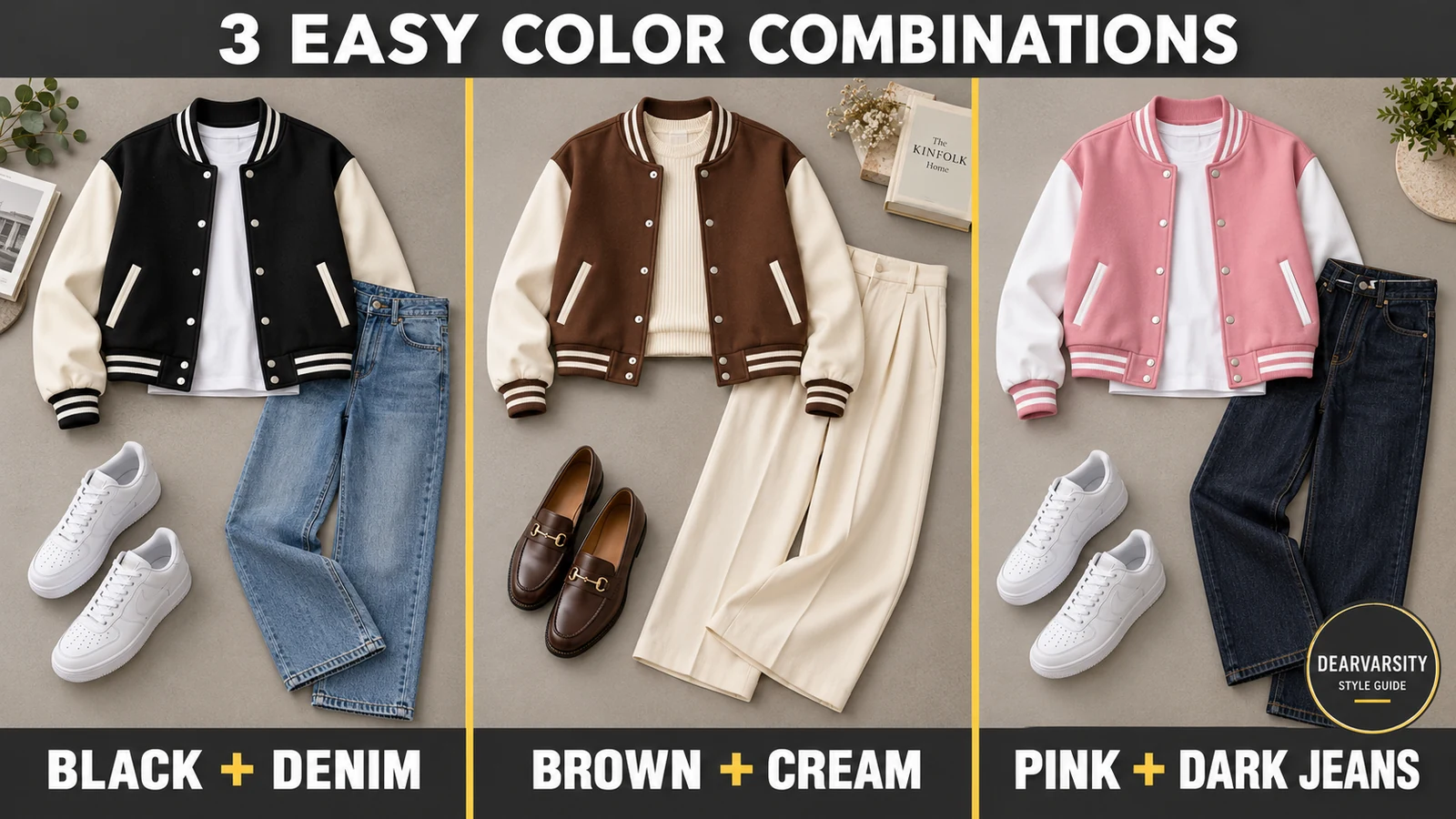 How to Style a Cropped Varsity Jacket 2 Three cropped varsity jacket outfits: black with blue jeans, brown with cream trousers, and pink with dark jeans