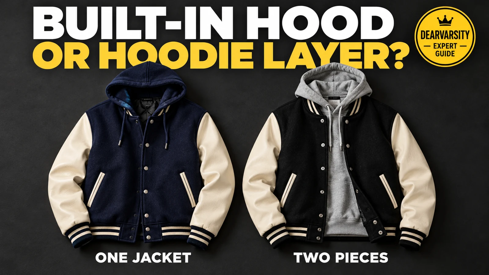 Built-in hood varsity jacket beside a regular varsity jacket layered over a separate grey hoodie