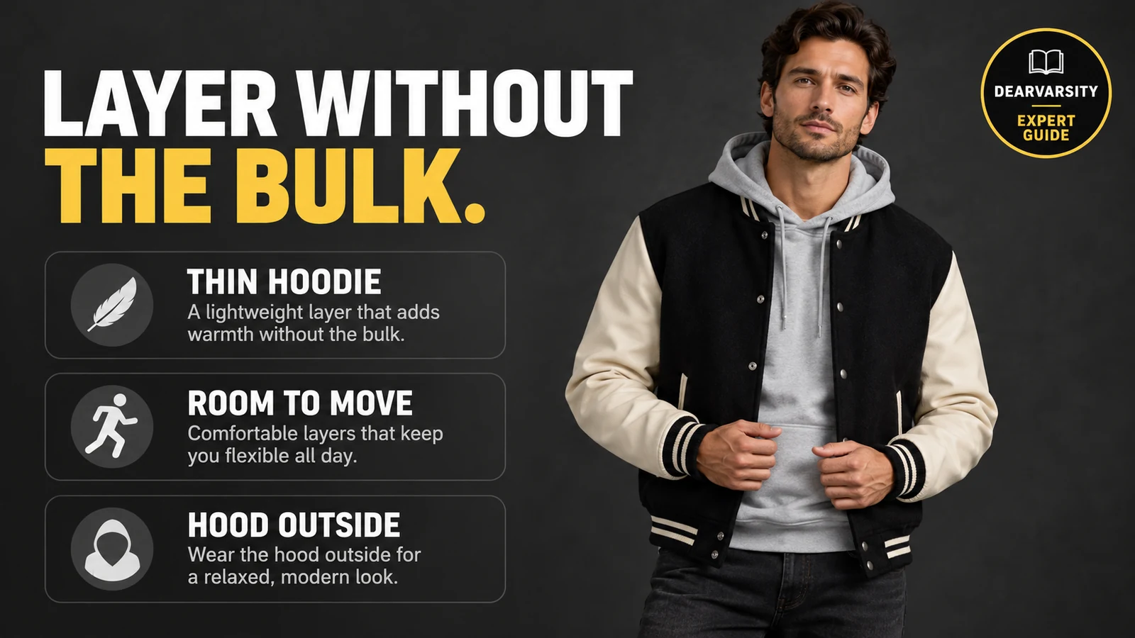 Man wearing a black-and-cream varsity jacket over a thin grey hoodie with the hood outside the collar