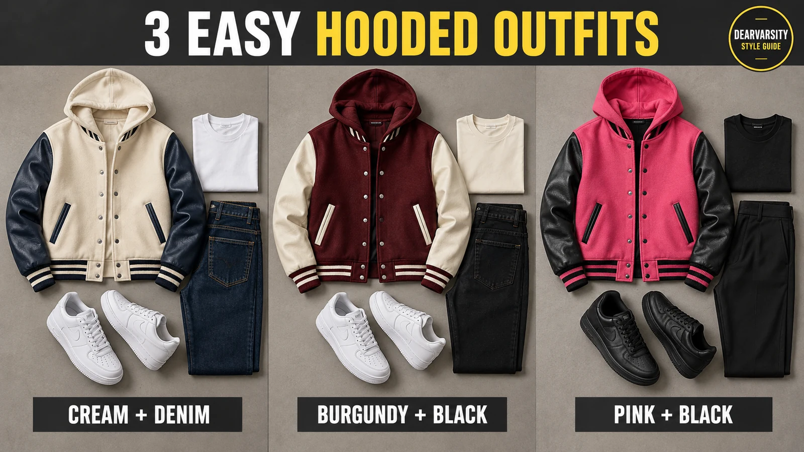 Three hooded varsity jacket outfit color ideas: cream with denim, burgundy with black jeans, and pink with black trousers