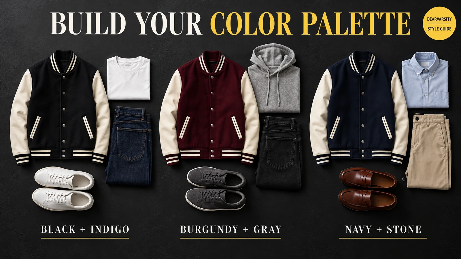 How to Style a Varsity Jacket for Men: 5 Looks 2 Flat-lay varsity jacket outfits combining black with indigo, burgundy with gray, and navy with stone chinos.