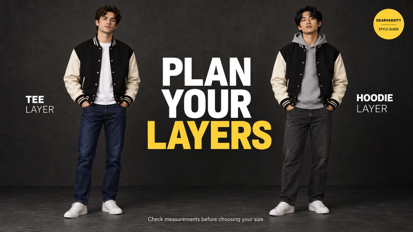 How to Style a Varsity Jacket for Men: 5 Looks 3 Two men wearing black and cream varsity jackets over a white T-shirt and a gray hoodie.