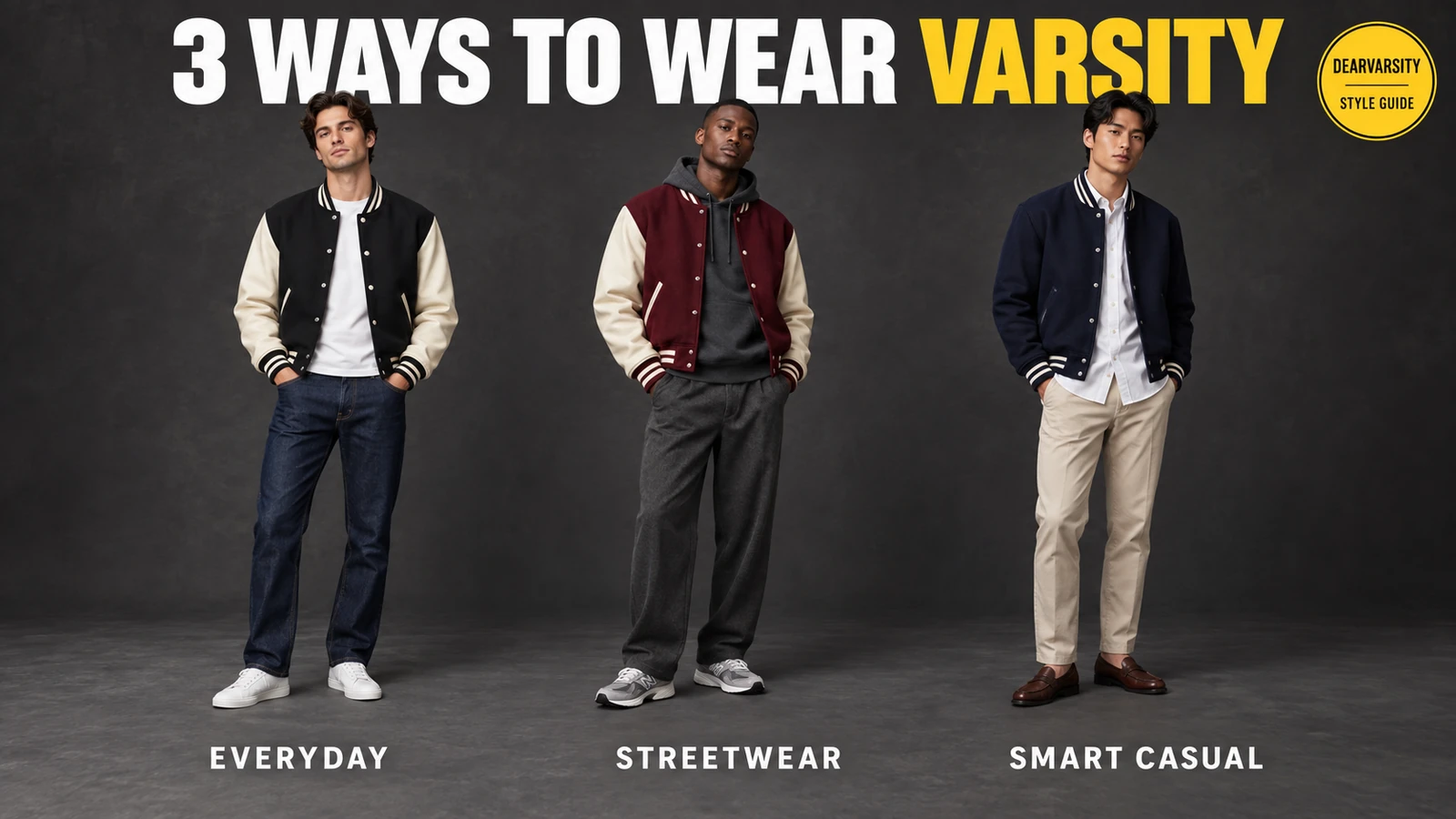 Three men wearing varsity jackets with denim, hoodie layers and chinos for everyday, streetwear and smart-casual outfits.