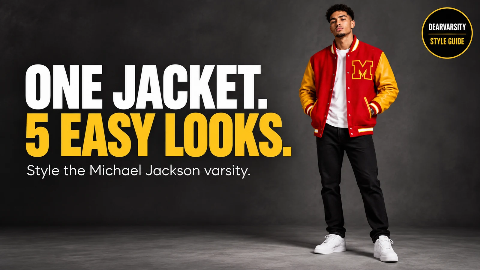 Red and yellow M varsity jacket styled with a white tee black jeans and white sneakers