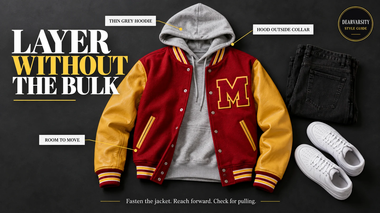 Styling illustration of a grey hoodie layered under a red and yellow varsity jacket