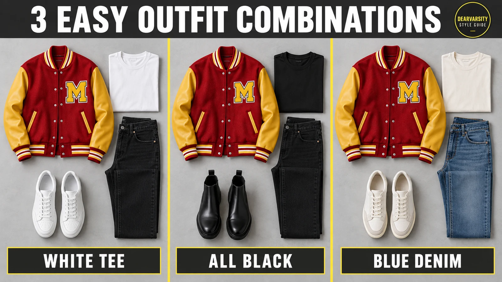 Three styling illustrations pairing a red and yellow varsity jacket with neutral tees jeans and shoes