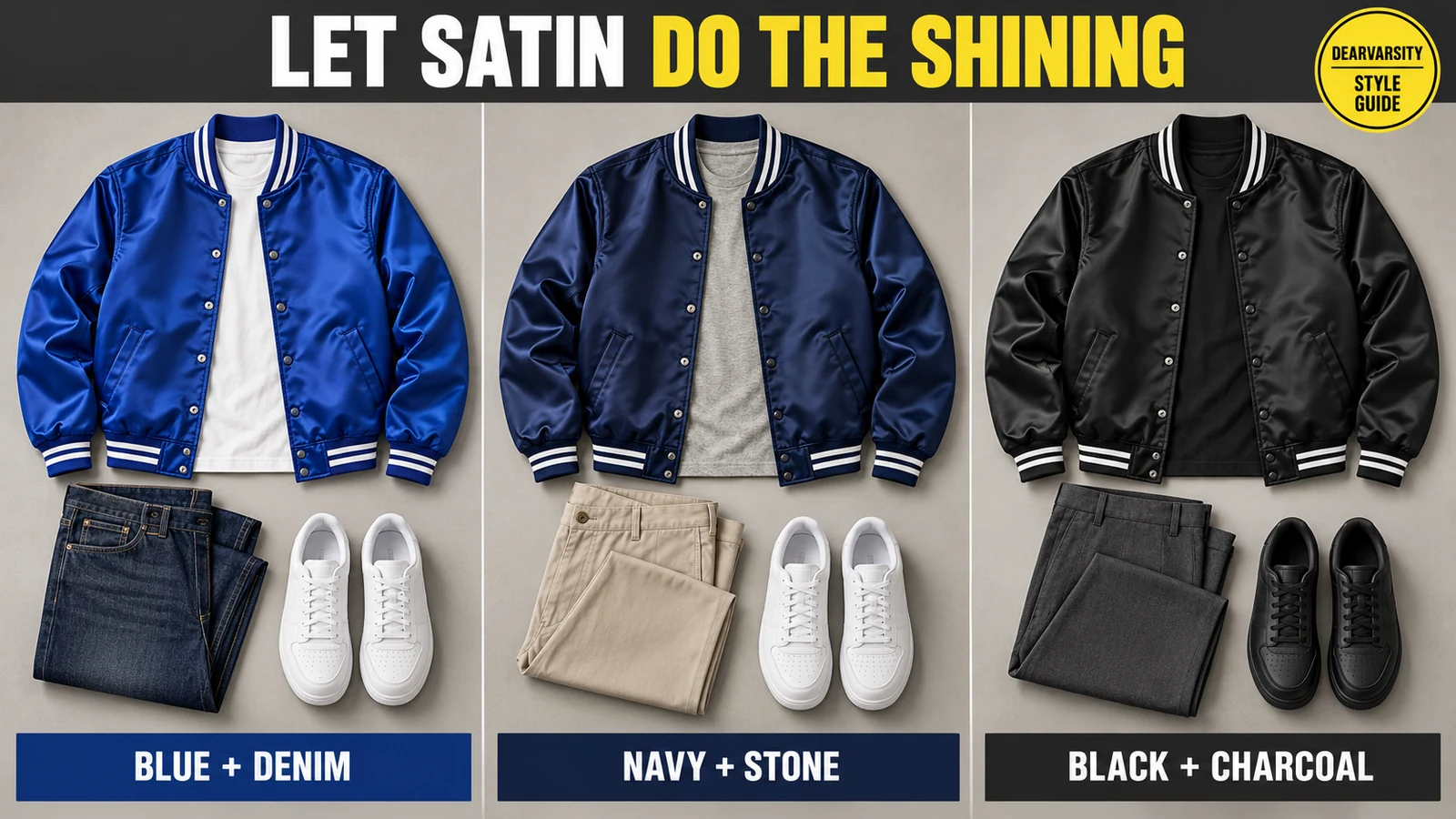 How to Style a Satin Varsity Jacket: 5 Looks 2 Satin varsity jacket outfit combinations: royal blue with denim, navy with stone chinos, and black with charcoal trousers
