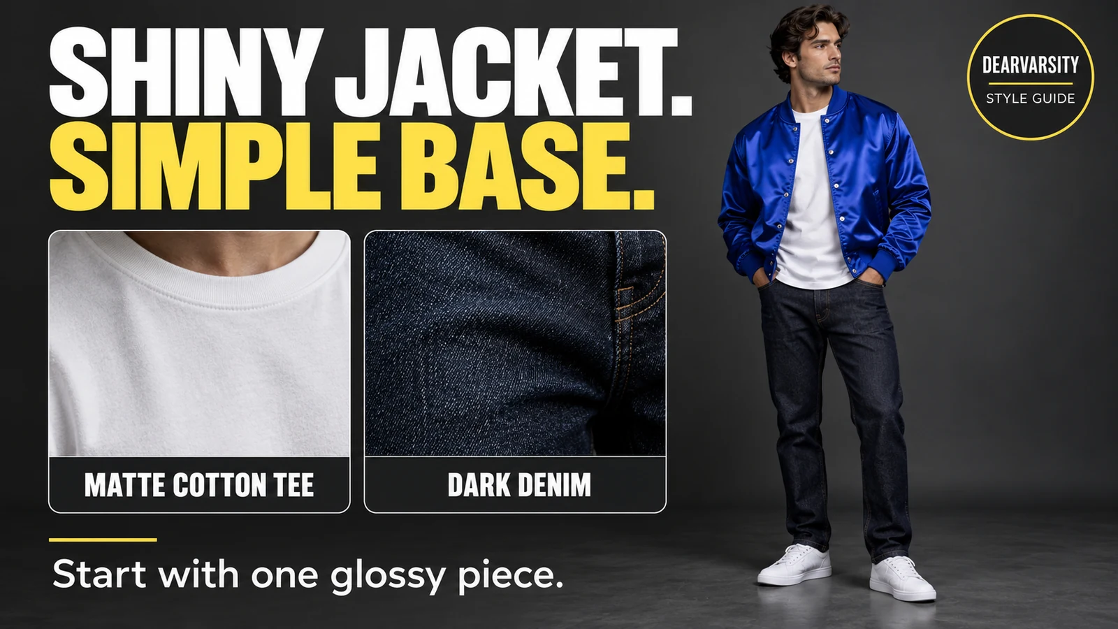 How to Style a Satin Varsity Jacket: 5 Looks 6 Royal-blue satin varsity jacket paired with a matte white cotton tee and dark denim