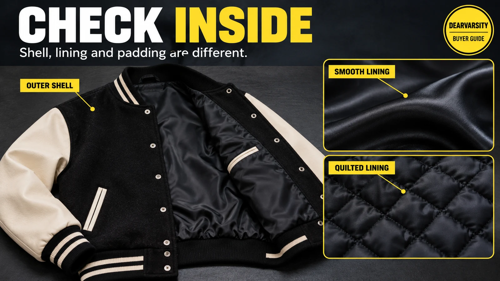 Open varsity jacket showing its outer shell beside close-ups of smooth and quilted lining options.