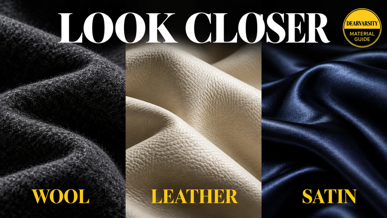 Close-up comparison of charcoal wool texture, cream leather grain and navy satin folds.