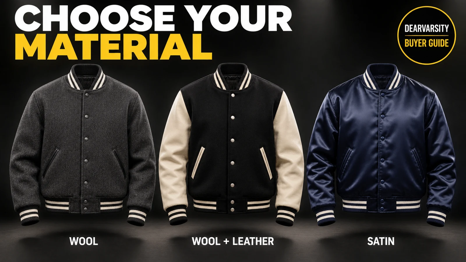 Three varsity jacket examples with wool, wool and leather, and satin outer constructions.