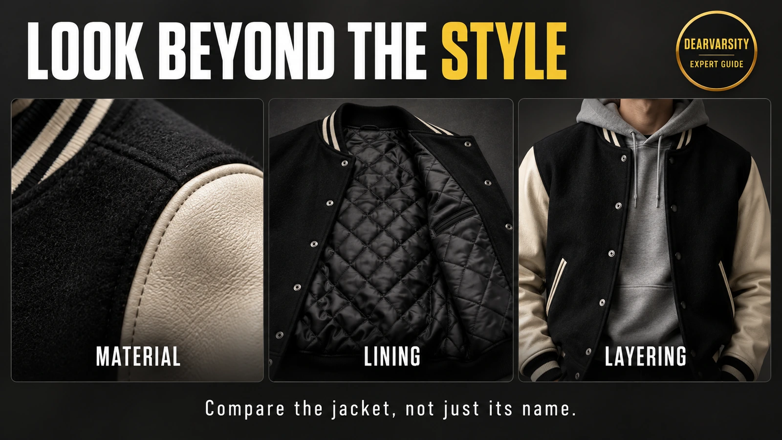 Varsity vs Bomber Jacket: Key Differences 3 Three panels showing jacket fabric texture, quilted lining and a varsity jacket layered over a gray hoodie.