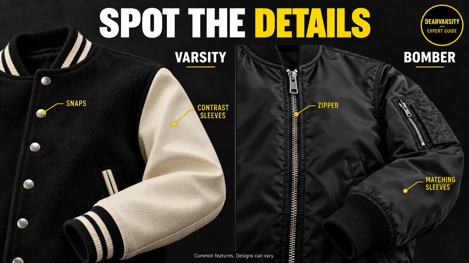 Varsity vs Bomber Jacket: Key Differences 2 Close-up comparison of varsity snap buttons and contrast sleeves with a bomber zipper and matching sleeves.