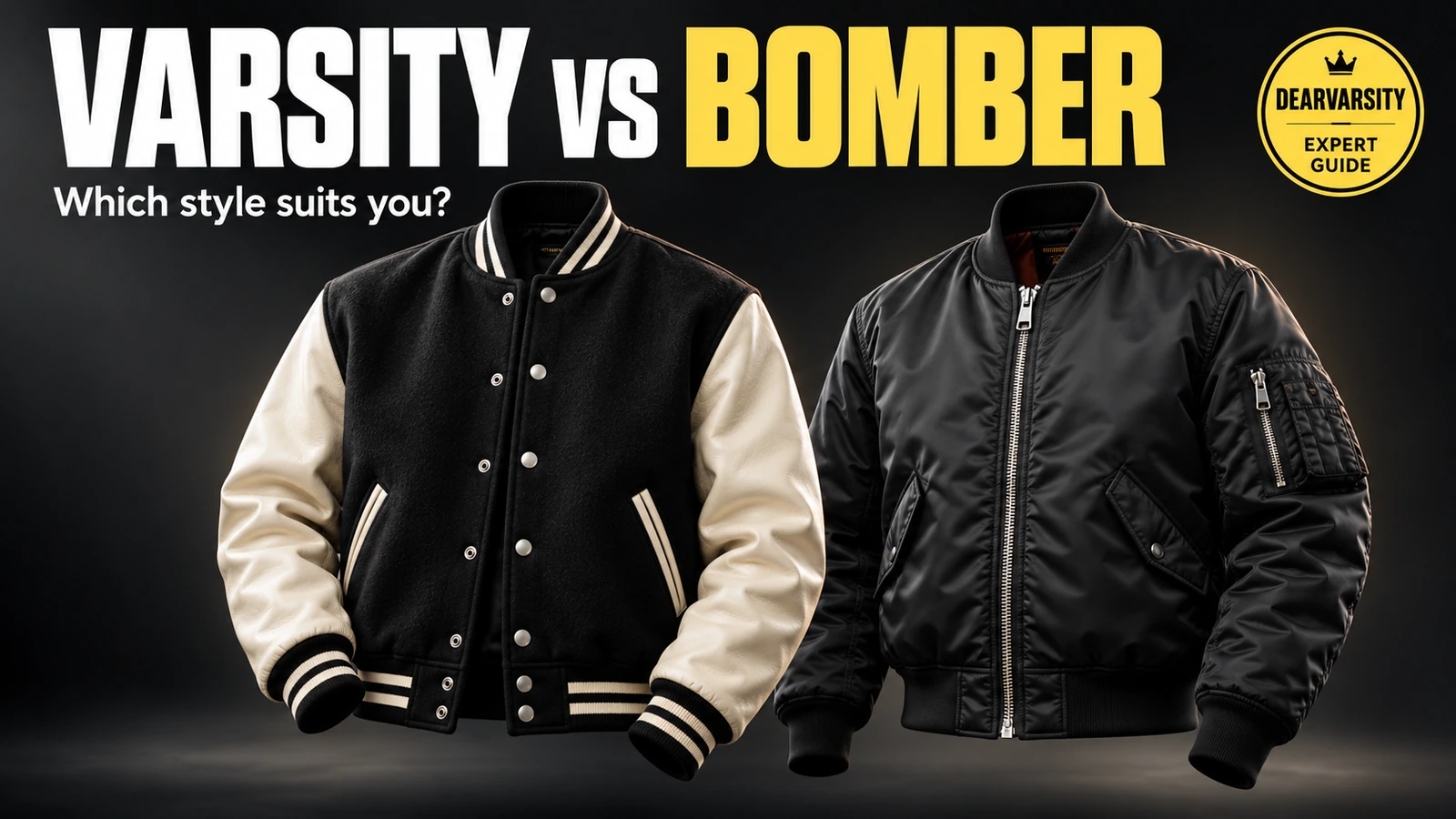 Black varsity jacket with cream sleeves and snap buttons beside a black zip-front bomber jacket.