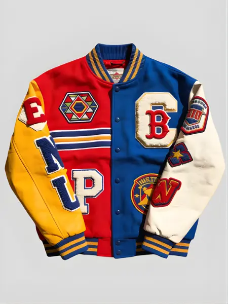 Blue Red Patchwork Varsity Jacket For Sale