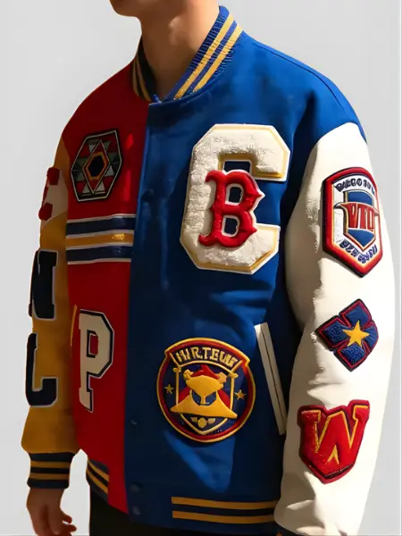 Blue Red Patchwork Varsity Jacket