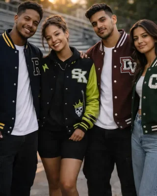 Home 102 Friends in varsity jackets at sunset