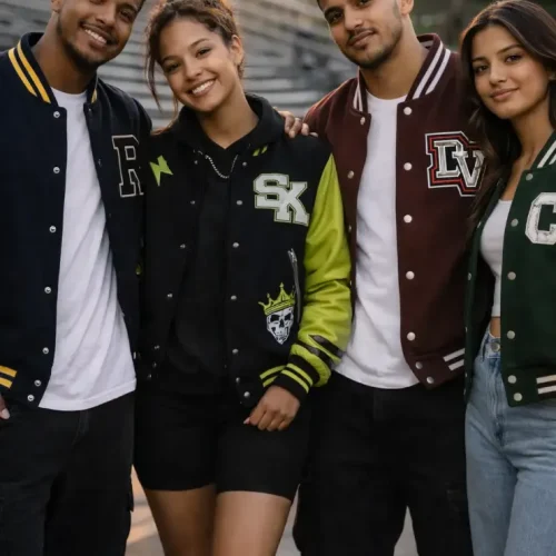 Home 110 Friends in varsity jackets at sunset